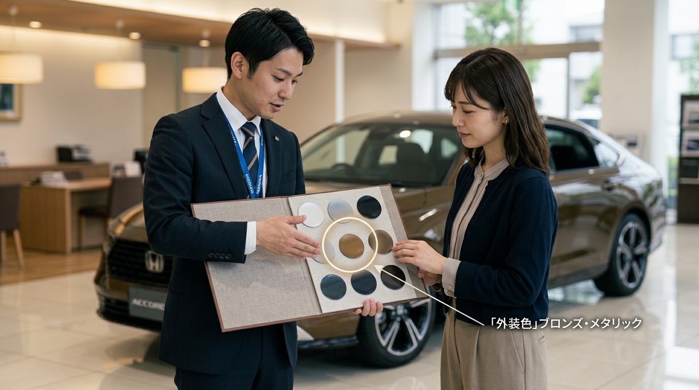 ショールームで外装カラーサンプルを確認しているイメージ
