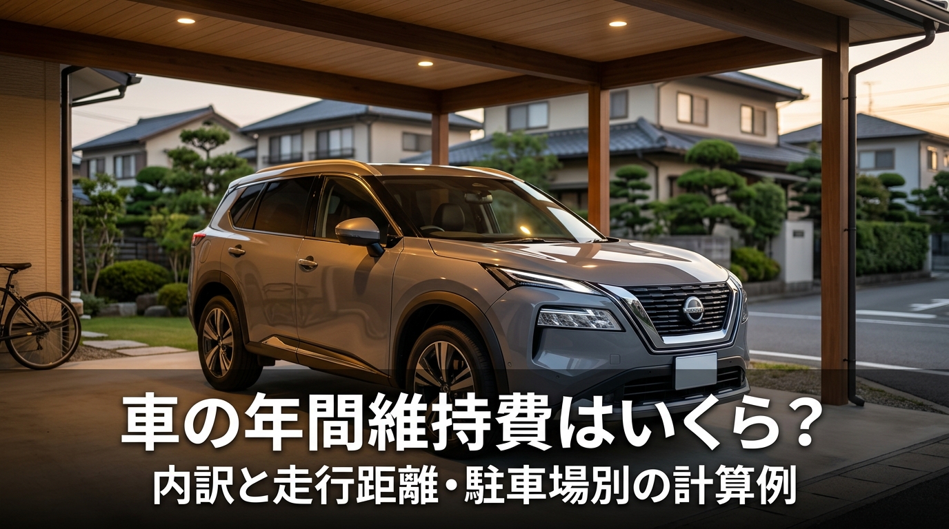 車の年間維持費はいくら？の記事アイキャッチ画像。自宅ガレージに停めた車のイメージ