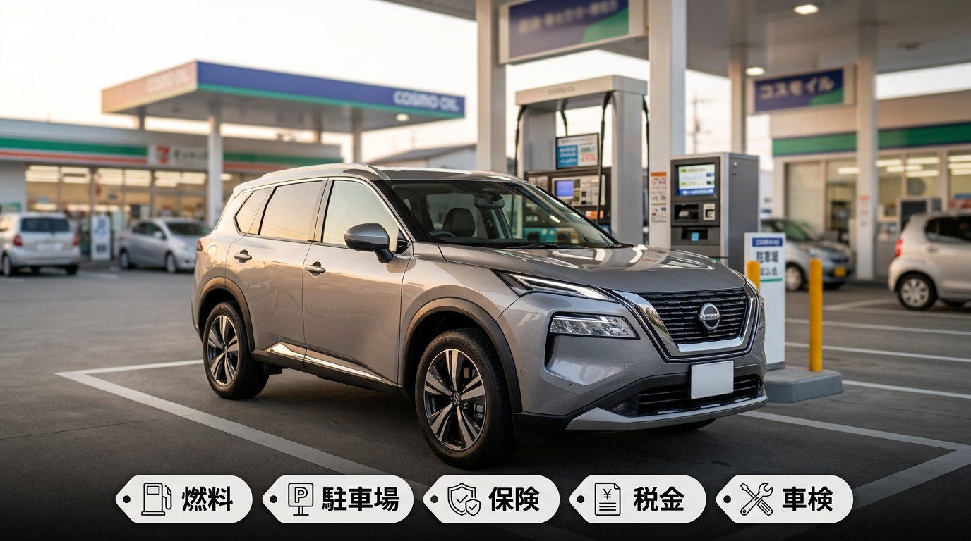 ガソリンスタンドで給油中の車に、燃料・駐車場・保険・税金・車検のアイコンを添えたイメージ