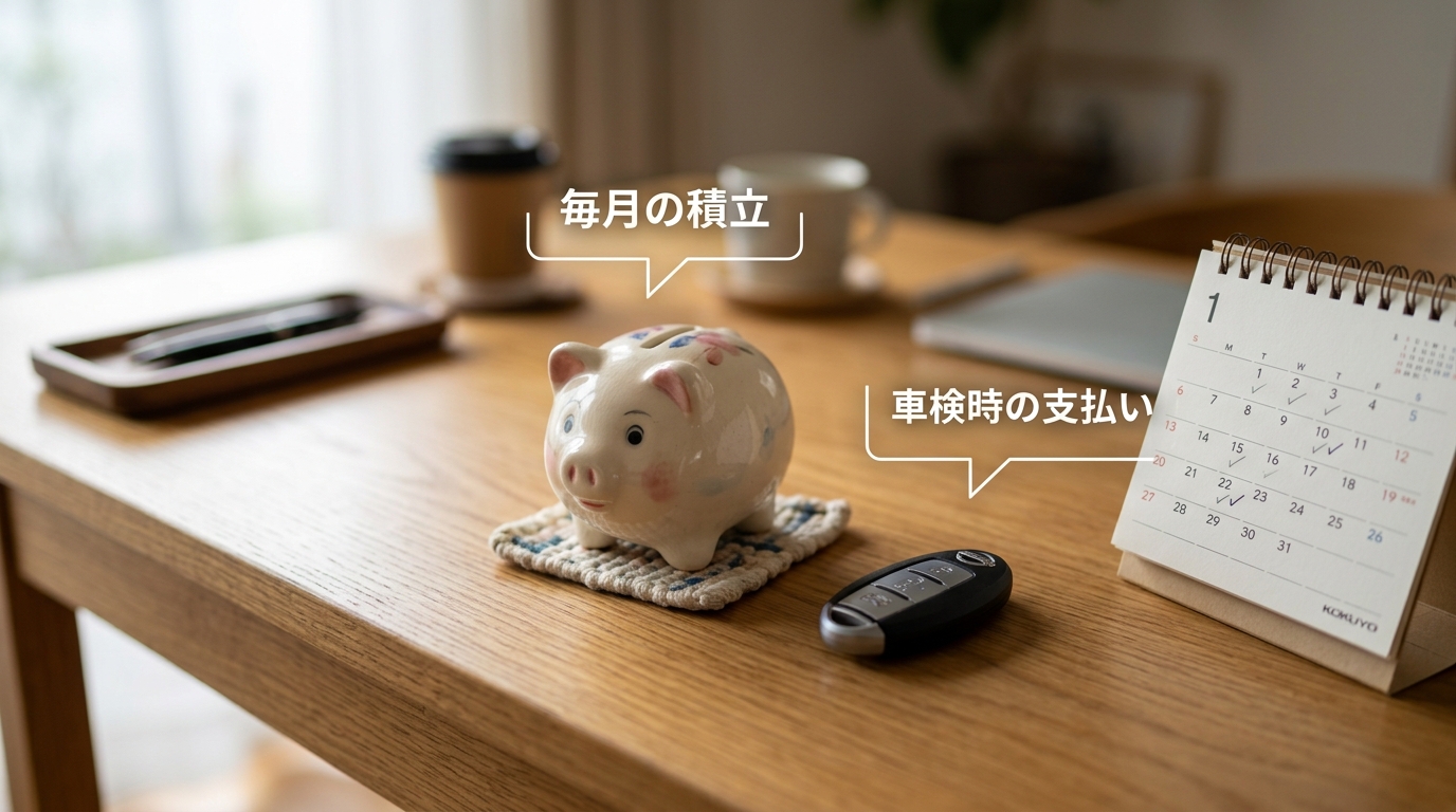 貯金箱と車のキー、カレンダーを並べ、毎月の積立と車検時の支払いを示したイメージ