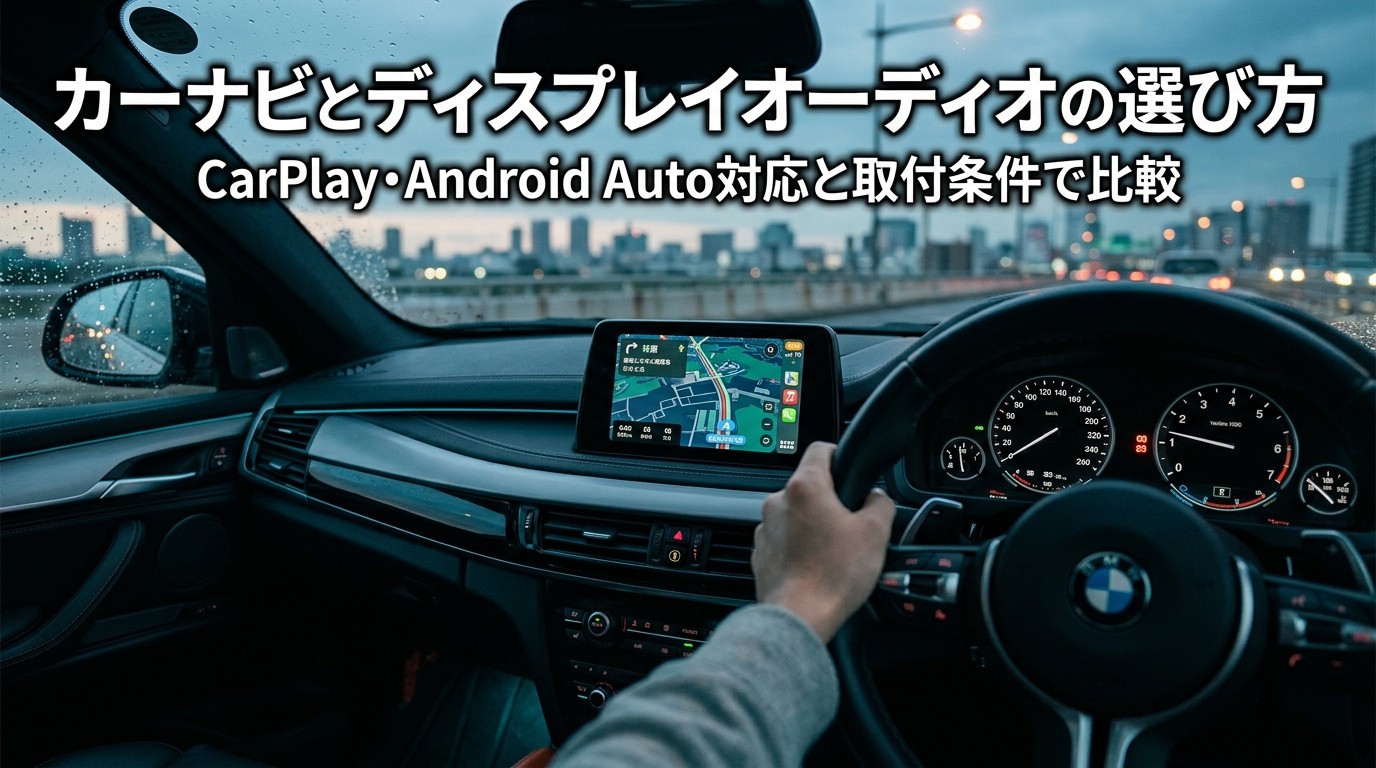 カーナビとディスプレイオーディオの選び方の記事アイキャッチ画像。夜のドライブ中、CarPlay画面を表示したディスプレイオーディオのイメージ