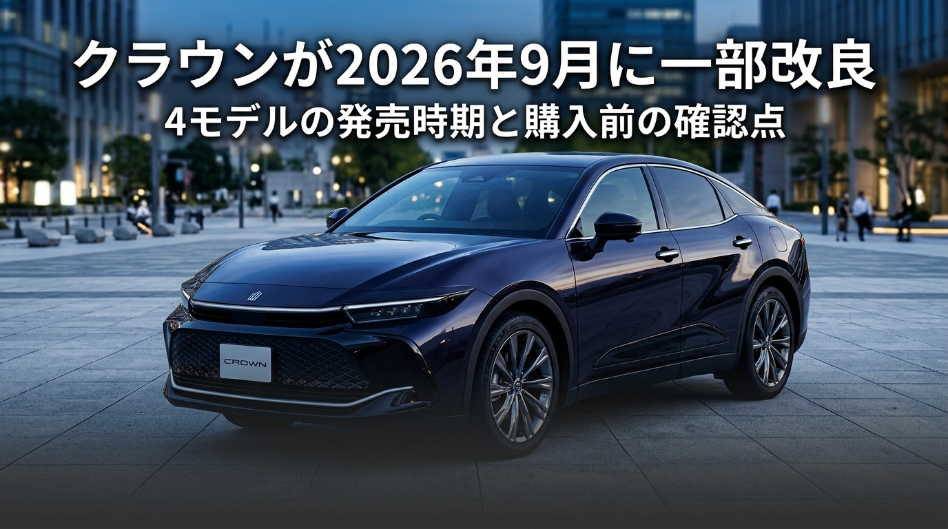 クラウンが2026年9月に一部改良の記事アイキャッチ画像。夜の都市部に停車するクラウンのイメージ