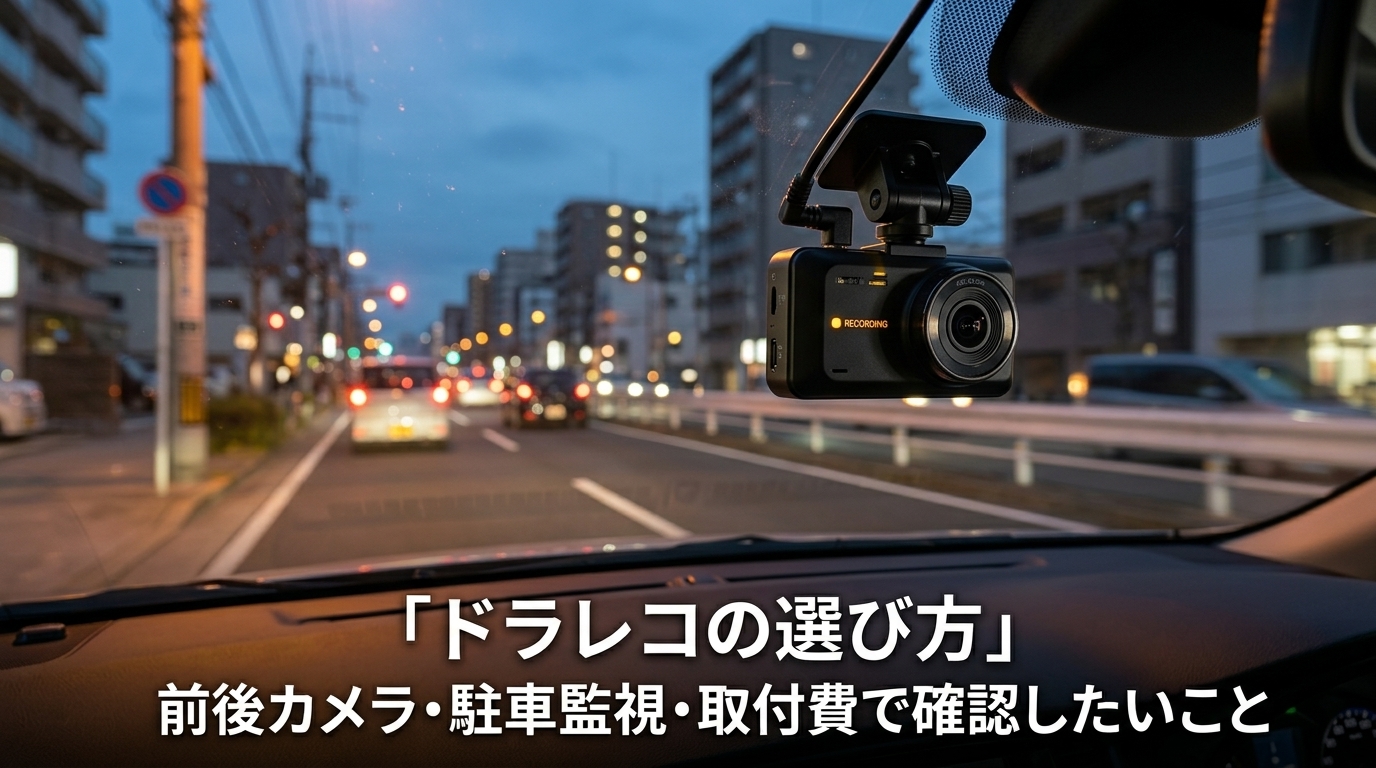 ドラレコの選び方の記事アイキャッチ画像。夜のフロントガラスに取り付けたドライブレコーダーのイメージ
