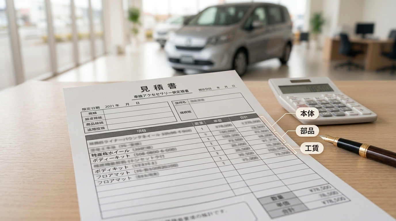 見積書の本体・部品・工賃の内訳を示したイメージ
