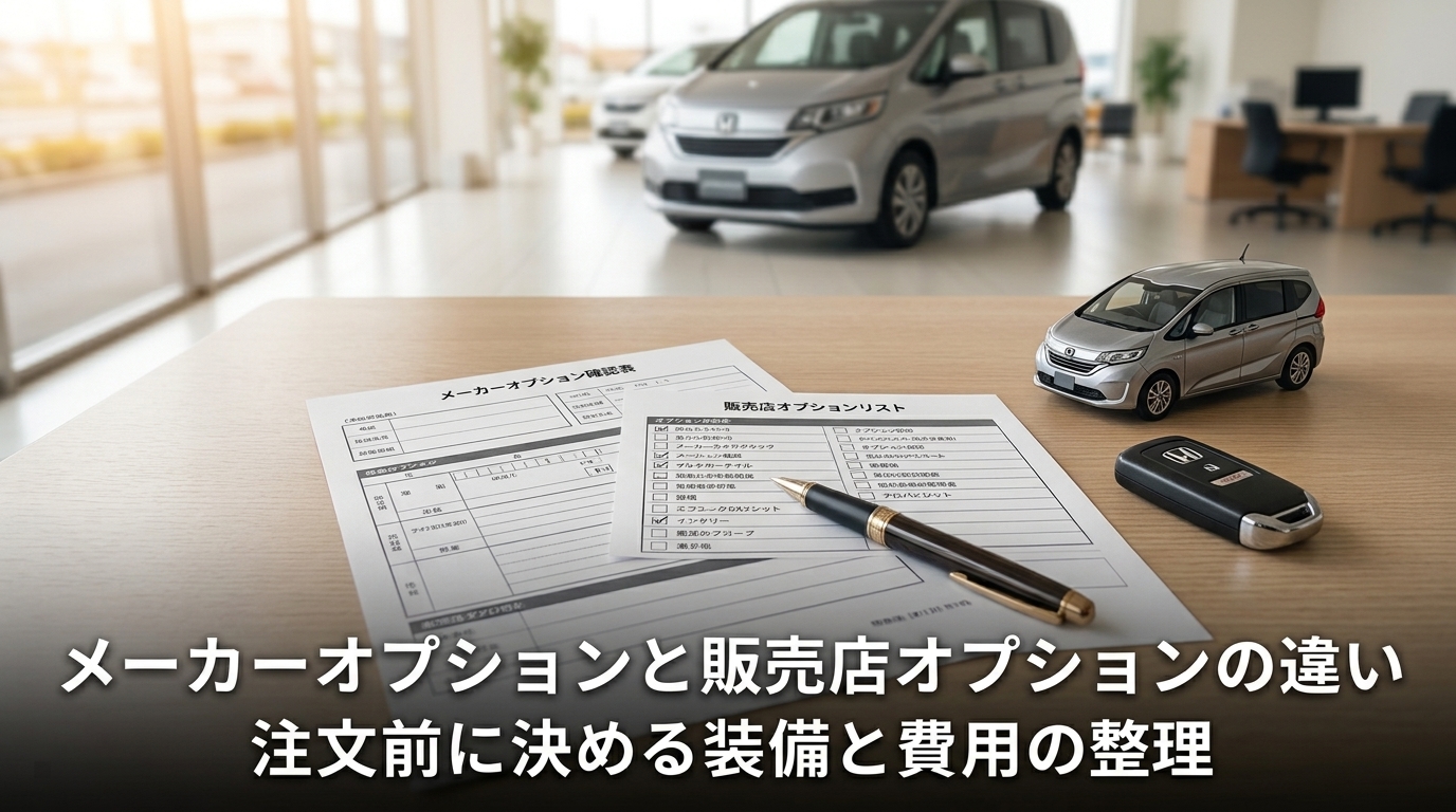 メーカーオプションと販売店オプションの違いの記事アイキャッチ画像。ショールームの注文書と車のキーのイメージ