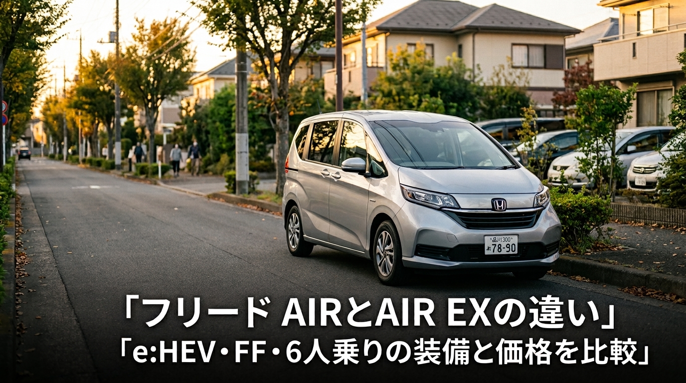 フリード AIRとAIR EXの違いの記事アイキャッチ画像。住宅街を走るフリードのイメージ
