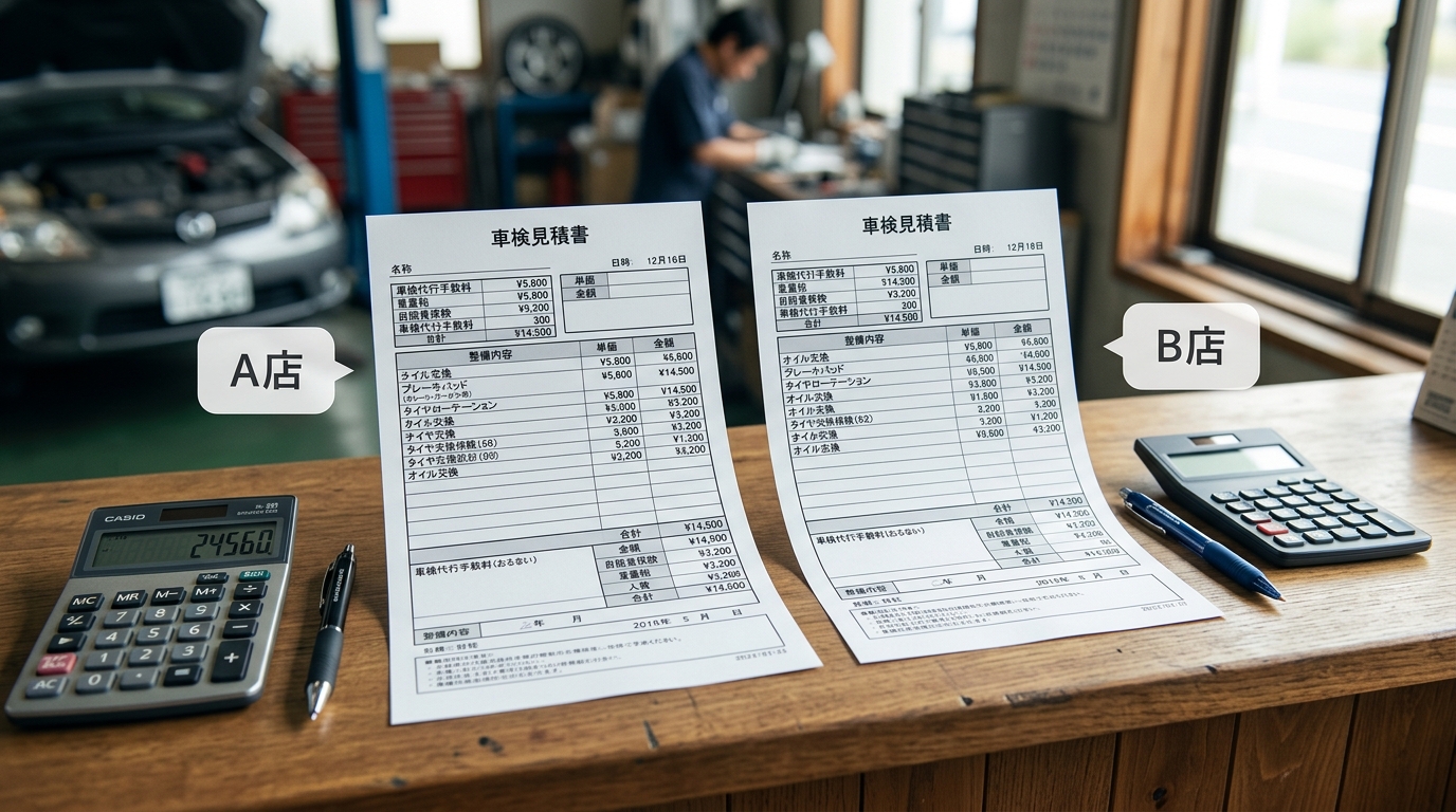 A店とB店の車検見積書を並べて比較しているイメージ