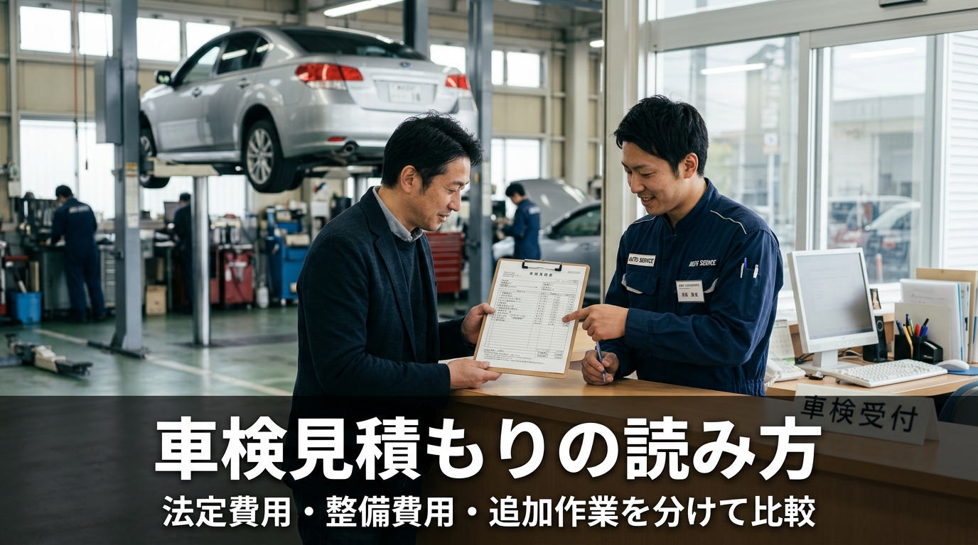 車検見積もりの読み方の記事アイキャッチ画像。整備工場の受付で整備士と顧客が見積書を確認しているイメージ