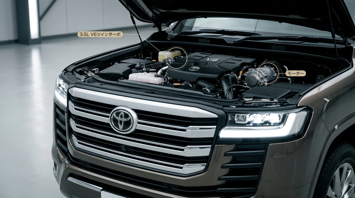 ランドクルーザー300のエンジンルームに3.5L V6ツインターボとモーターの位置を示したイメージ