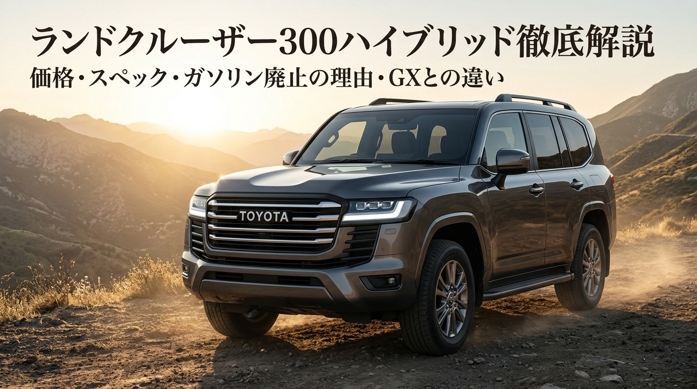 ランドクルーザー300ハイブリッド徹底解説の記事アイキャッチ画像。夕暮れの山道を走るランドクルーザー300のイメージ
