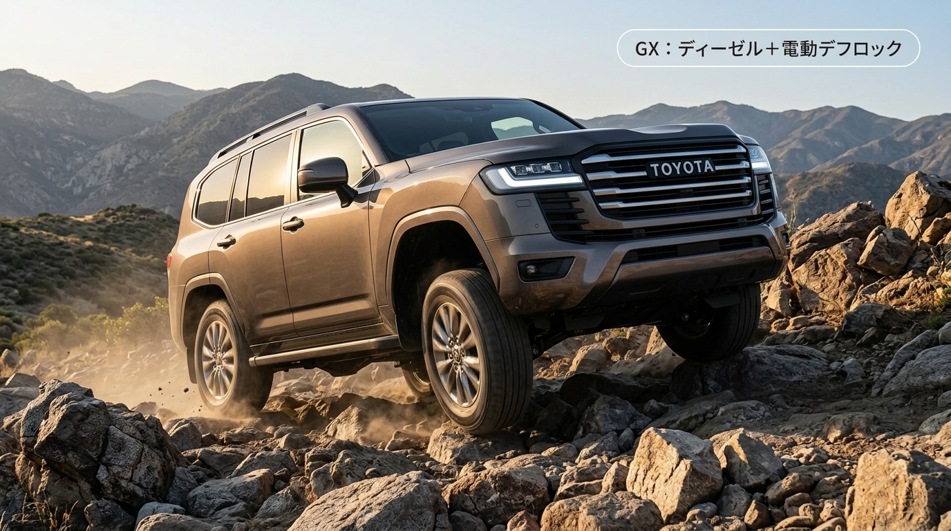 岩場のオフロードを走行するランドクルーザー300 GXに、ディーゼルと電動デフロックのラベルを添えたイメージ