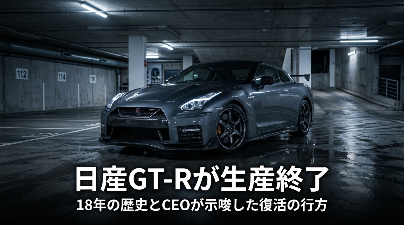 日産GT-Rが生産終了の記事アイキャッチ画像。夜の駐車場に停車するGT-Rのイメージ