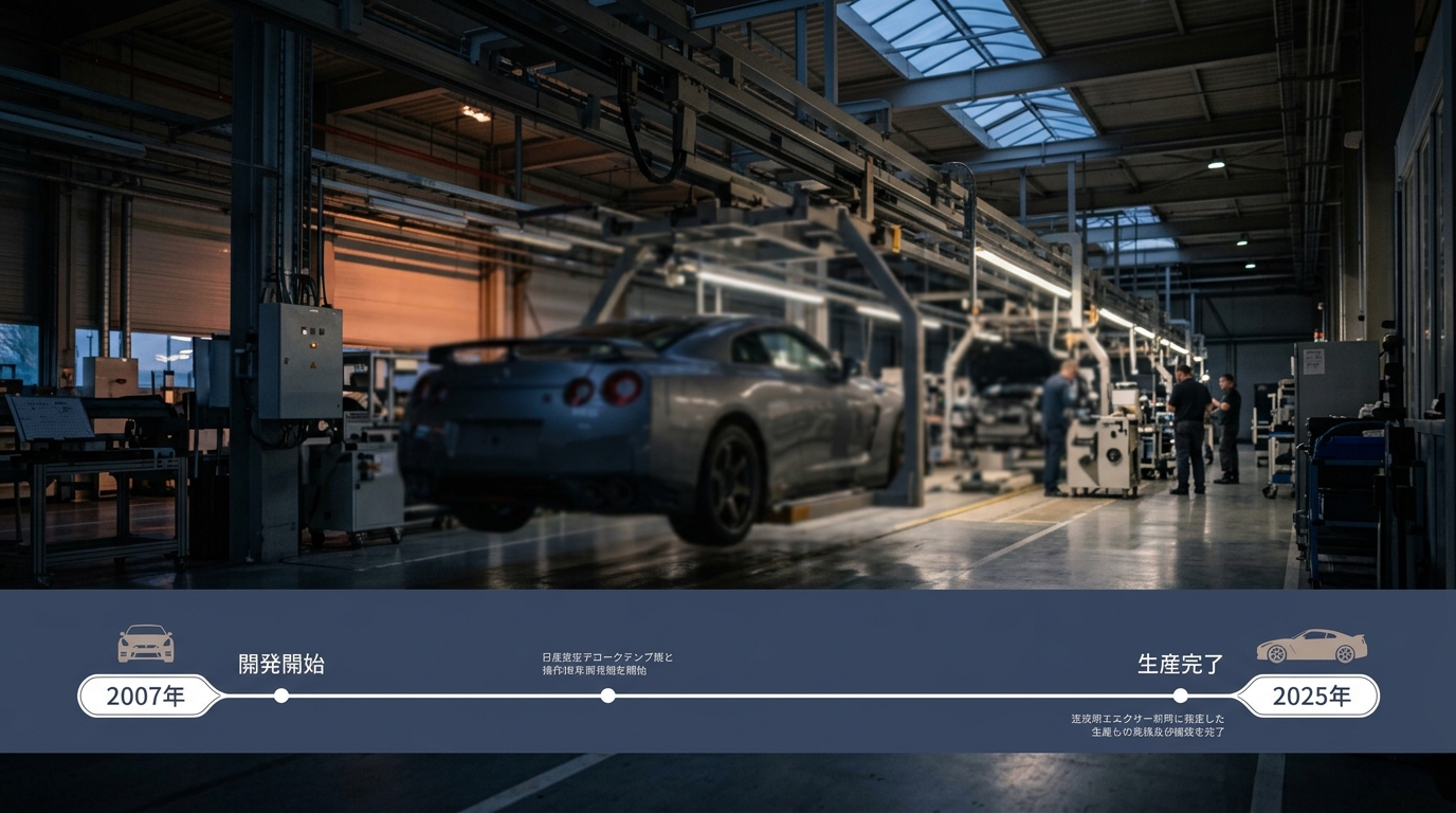 GT-Rの開発開始(2007年)から生産完了(2025年)までをタイムライン形式で示したイメージ図