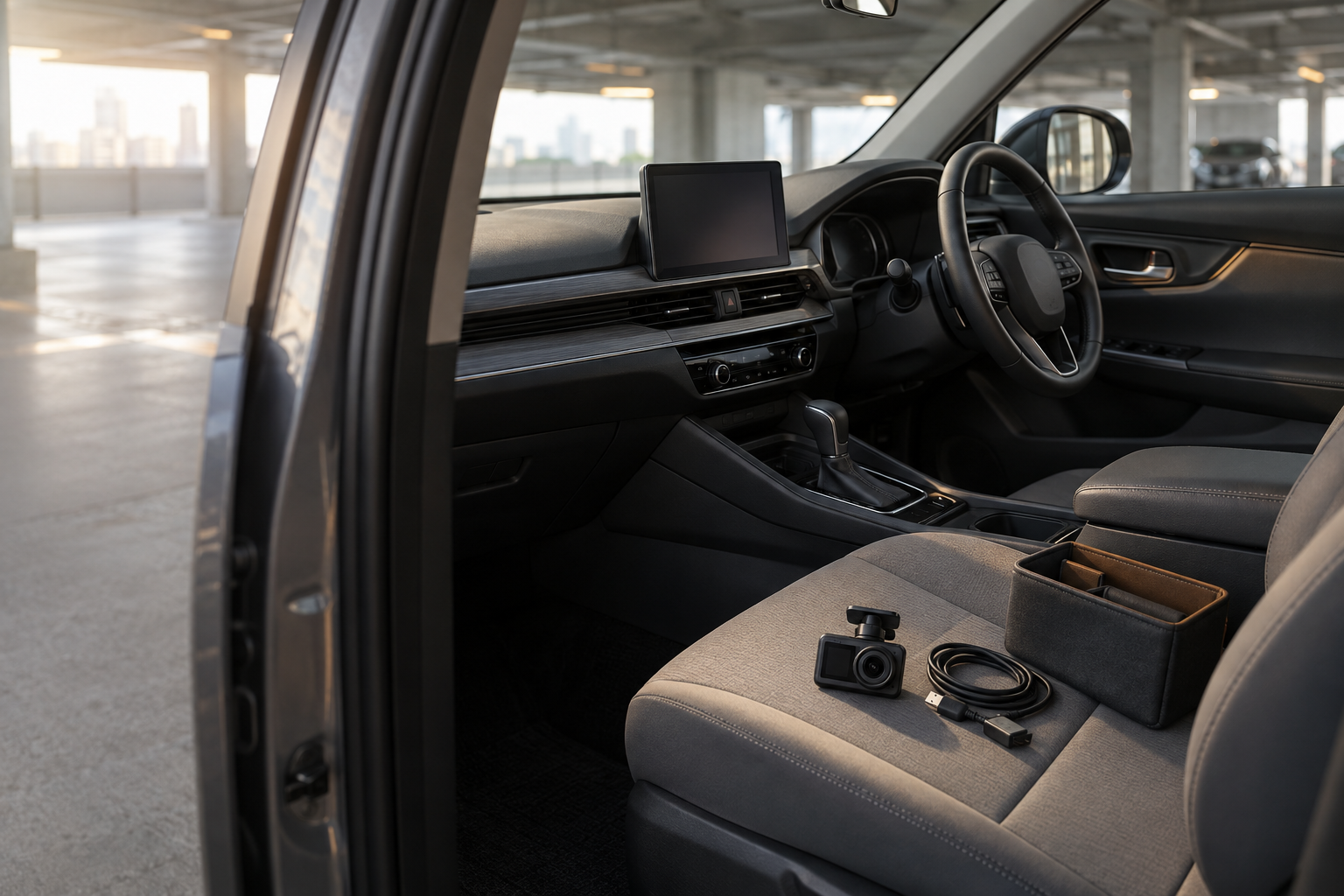 車内のダッシュボードと、ドライブレコーダー、充電ケーブル、車載オーガナイザーのイメージ