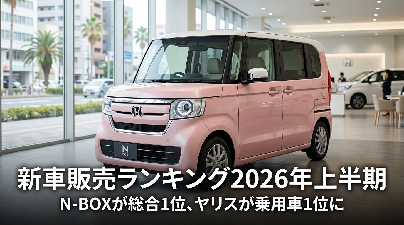 新車販売ランキング2026年上半期の記事アイキャッチ画像。ディーラーのショールームに展示されたホンダN-BOXのイメージ